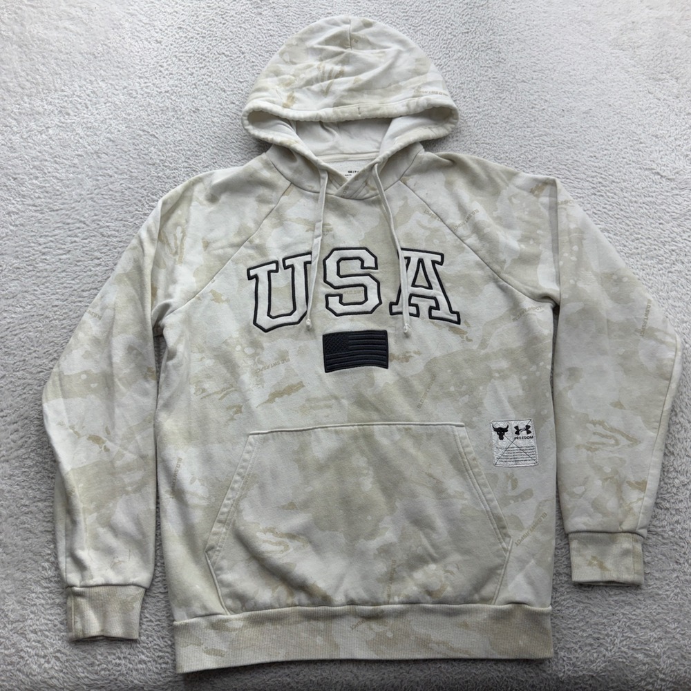 Under Armour Project Rock USA Camo Hoodie Sweatshirt Beige Small 1365105
